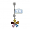 14K White Gold CZ Flower Womens Dangle Belly Ring