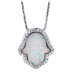 14K White Gold 0.20 ct Diamond Opal Hamsa Hand Necklace