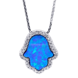 14K White Gold 0.20 ct Diamond Blue Opal Hamsa Hand Necklace