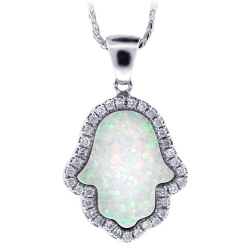 14K White Gold Diamond Opal Hamsa Hand Womens Necklace