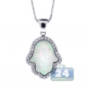 Womens Diamond Opal Hamsa Hand Pendant Necklace 14K White Gold