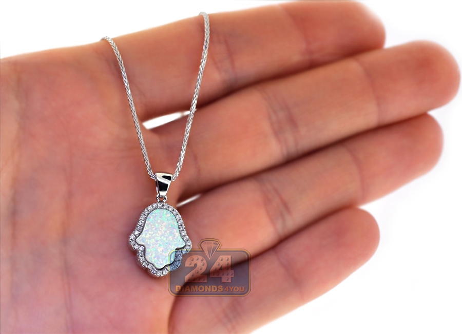 14K White Gold Diamond Opal Hamsa Hand Womens Necklace