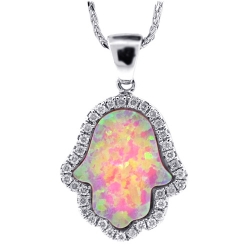14K White Gold Diamond Pink Opal Hamsa Hand Necklace