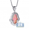 Womens Diamond Pink Opal Hamsa Hand Necklace 14K White Gold