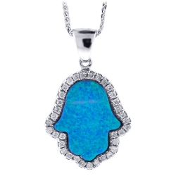 14K White Gold Diamond Blue Opal Hamsa Hand Necklace