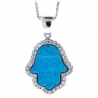 Womens Diamond Blue Opal Hamsa Hand Necklace 14K White Gold