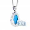Womens Diamond Blue Opal Hamsa Hand Necklace 14K White Gold