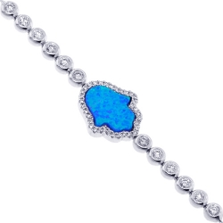 Womens Diamond Hamsa Hand Bracelet 14K White Gold Blue Opal