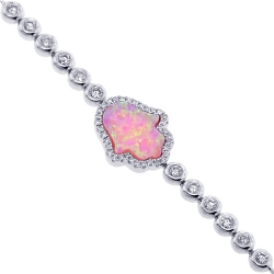 14K White Gold Diamond Pink Opal Hamsa Hand Womens Bracelet
