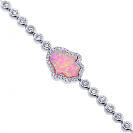 Womens Diamond Hamsa Hand Bracelet 14K White Gold Pink Opal