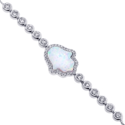 14K White Gold Diamond Opal Hamsa Hand Womens Bracelet