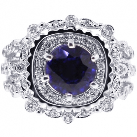 14K White Gold 2.97 ct Blue Sapphire Diamond Womens Ring