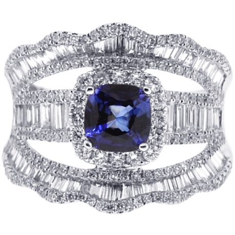 18K White Gold 2.86 ct Blue Sapphire Diamond Womens Ring