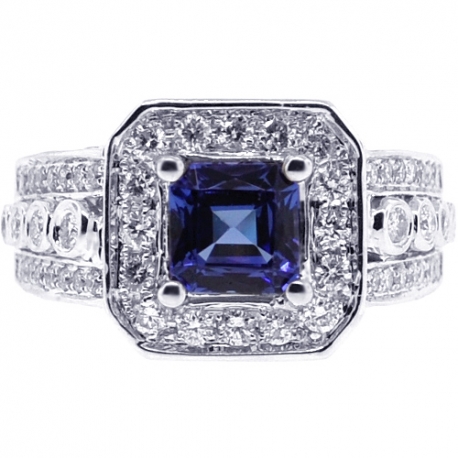 18K White Gold 2.56 ct Princess Sapphire Diamond Womens Ring