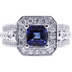 18K White Gold 2.56 ct Princess Sapphire Diamond Womens Ring