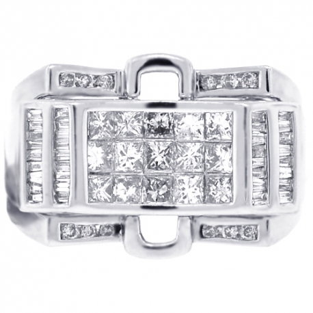 Mens Princess Baguette Diamond Pinky Ring 14K White Gold 1.63 ct