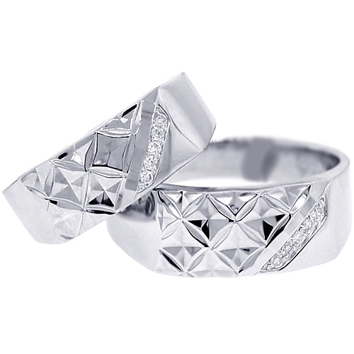 Diamond Pattern Wedding Rings His Hers Set 18k White Gold