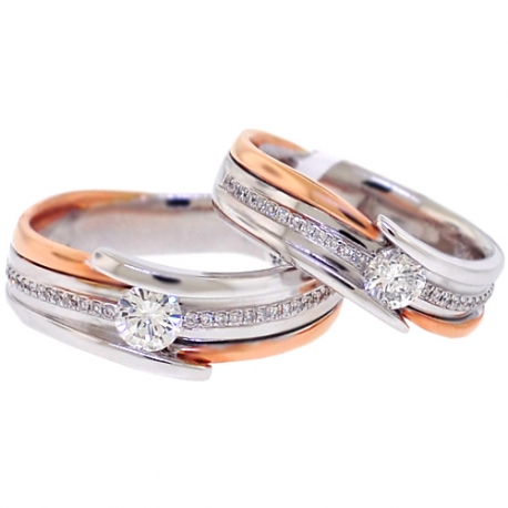 Diamond Two Wedding Bands Set 18K Two Tone Gold 0.78 ct