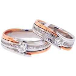 Diamond Two Wedding Bands Set 18K Two Tone Gold 0.78 ct
