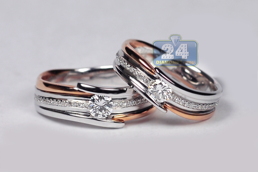 Diamond His Her Wedding Bands Set 18K Two Tone Gold 0.78 ct