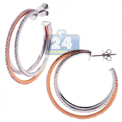 18K Two Tone Gold 3.06 ct Diamond Womens Triple Hoop Earrings