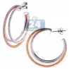 Womens Diamond Triple Hoop Earrings 18K Two Tone Gold 3.06 ct