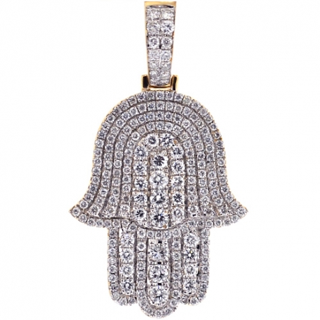 Mens Full Diamond Hamsa Hand Pendant 14K Yellow Gold 2.27 ct
