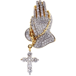 14K Yellow Gold 1.23 ct Diamond Praying Hands Cross Pendant