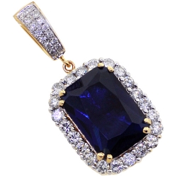 Mens Diamond Blue Sapphire Drop Pendant 14K Yellow Gold 10.0ct