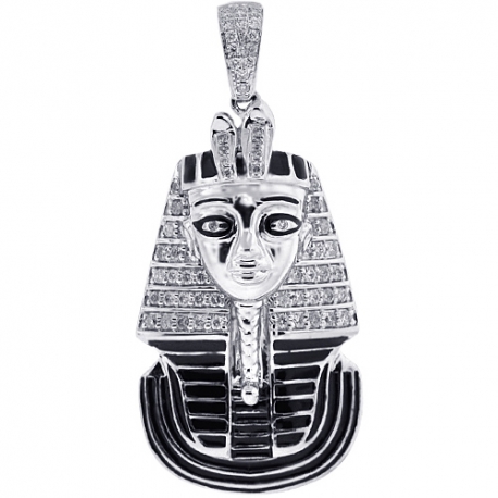 Mens Diamond Enamel Pharaoh Head Pendant 10K White Gold 0.56ct