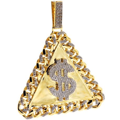 Mens Diamond Dollar Sign Triangle Pendant 14K Yellow Gold 2.40 ct