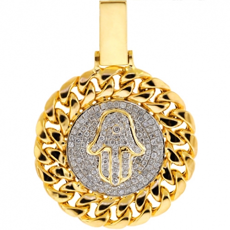 Mens Diamond Hamsa Hand Cuban Pendant 10K Yellow Gold 0.74ct