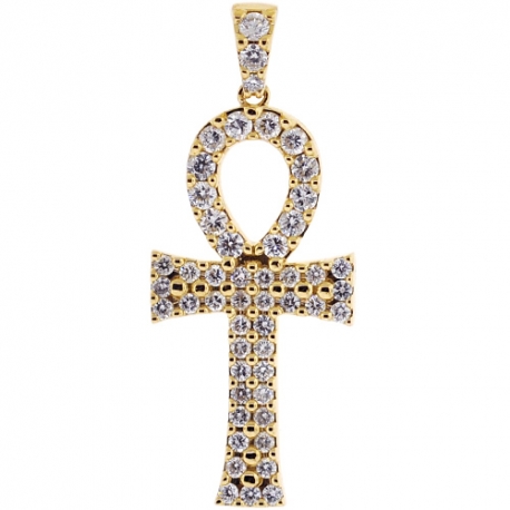 14K Yellow Gold 1.64ct Diamond Ankh Cross Mens Pendant 1.75"
