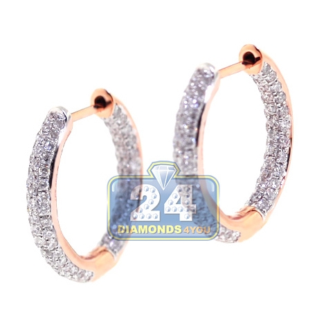 Womens Diamond Small Round Hoop Earrings 18K Rose Gold 1.08 ct