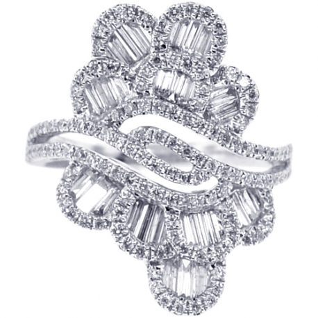 Womens Baguette Diamond Floral Ring 18K White Gold 1.53 ct