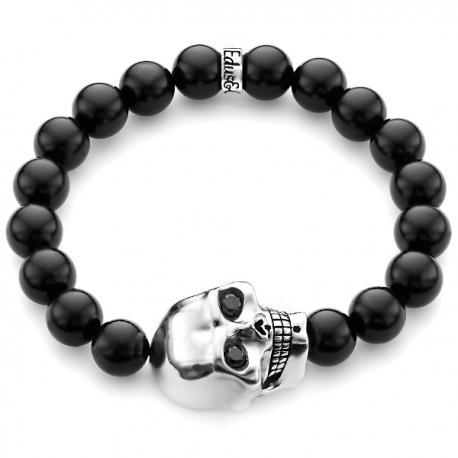 Sterling Silver Large Skull Black Diamond Onyx Bead Bracelet Edus&Co