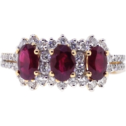 Womens Diamond Ruby 3 Stone Halo Ring 18K Yellow Gold 2.52 ct