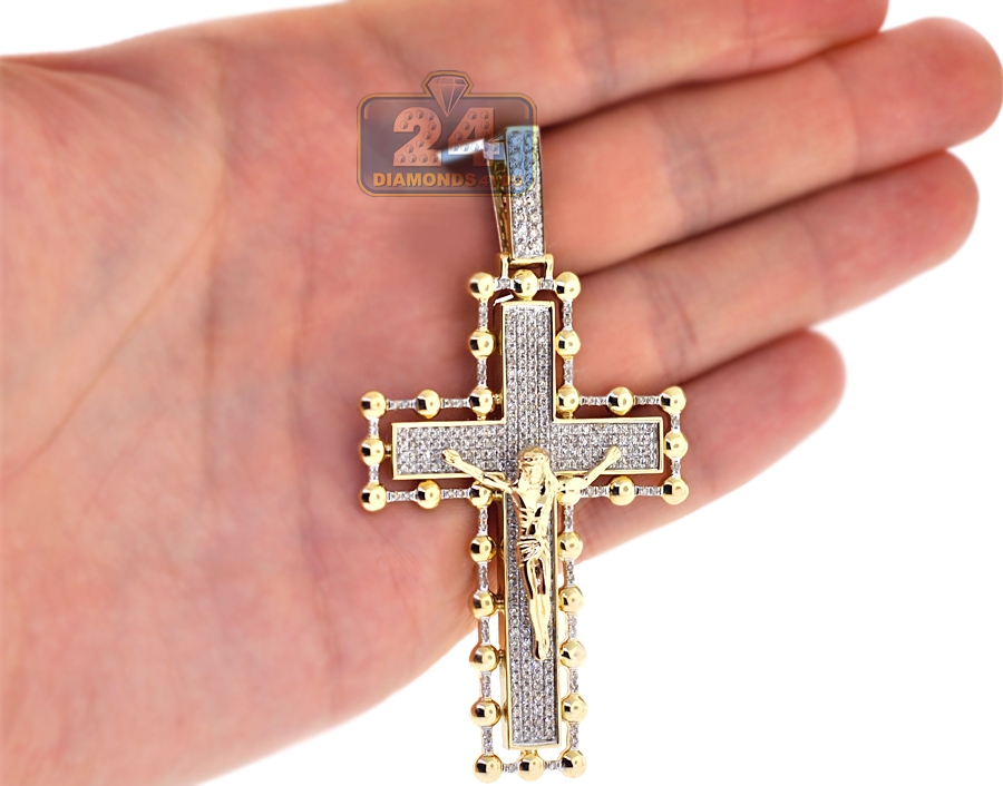 Mens Diamond Crucifix Cross Pendant 14K Yellow Gold 2.67ct 3"