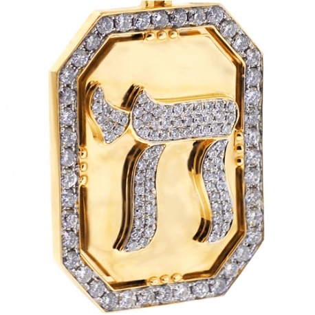 Mens Diamond Framed Chai Medallion Pendant 14K Yellow Gold 3.66ct