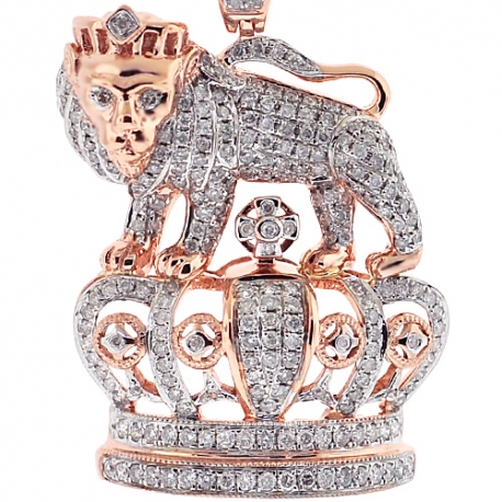 Mens Diamond Lion Crown Pendant 14K Rose Gold 1.69ct 1.75"
