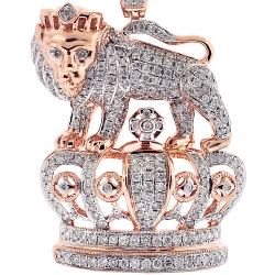 14K Rose Gold 1.69 ct Diamond Lion Crown Mens Pendant