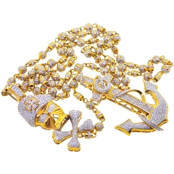 14K Yellow Gold 15.87 ct Diamond Anchor Skull Rosary Necklace