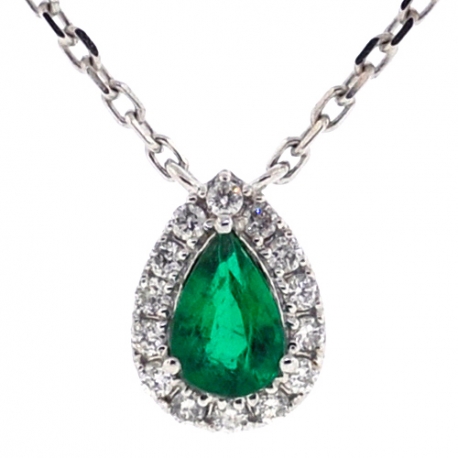 Womens Emerald Diamond Pear Drop Necklace 14K White Gold 0.68ct
