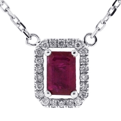 14K White Gold 0.78 ct Ruby Diamond Halo Pendant Necklace