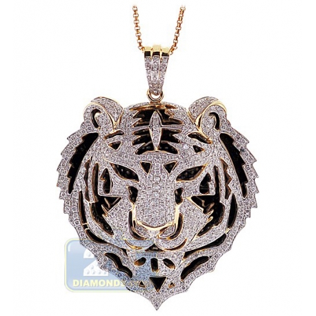 Mens Diamond Tiger Lion Head Pendant 14K Yellow Gold 2.68 ct