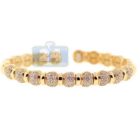 Womens Diamond Pave Bead Cuff Bracelet 14K Yellow Gold 1.57 ct