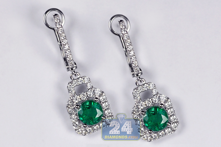 Womens Emerald Diamond Dangle Earrings 18K White Gold 2.66 ct