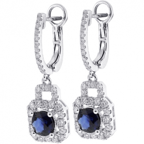 Womens Sapphire Diamond Dangle Earrings 18K White Gold