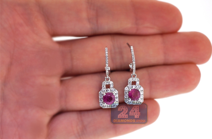 18K White Gold 1.97 ct Ruby Diamond Womens Drop Earrings