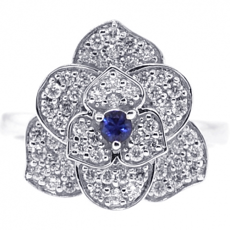 Womens Diamond Blue Sapphire Flower Ring 18K White Gold 0.72 ct